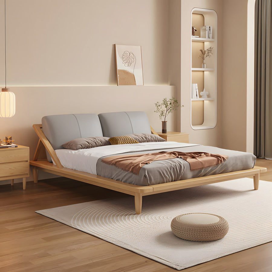 Minimalist Natural Wood Double Bed Frame with Upholstered Headboard for Bedroom