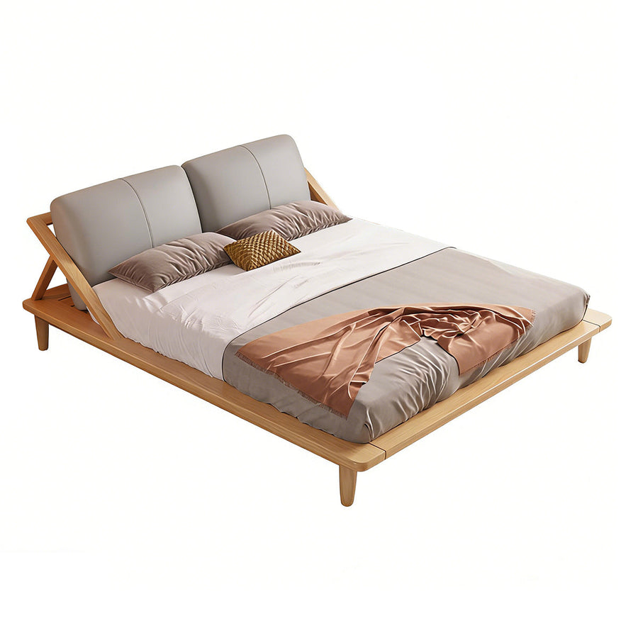 Minimalist Natural Wood Double Bed Frame with Upholstered Headboard for Bedroom
