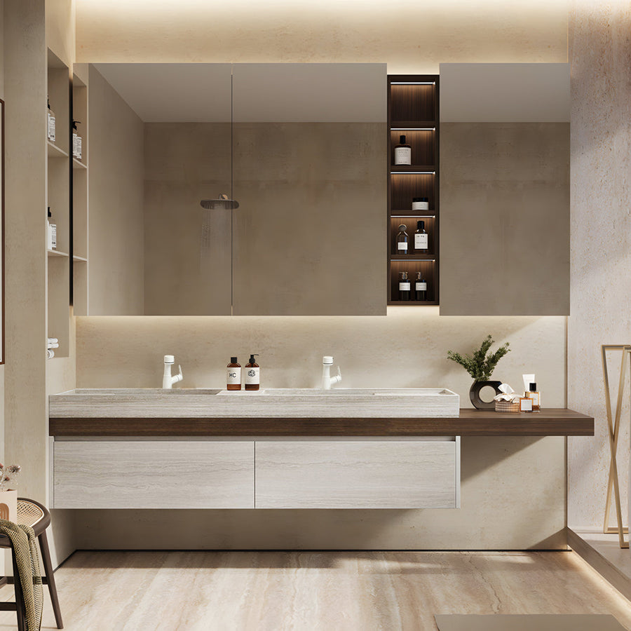 Bathroom Vanity 180cm–220cm Wide with Makeup, Sintered Stone & Solid Wood for Bathroom