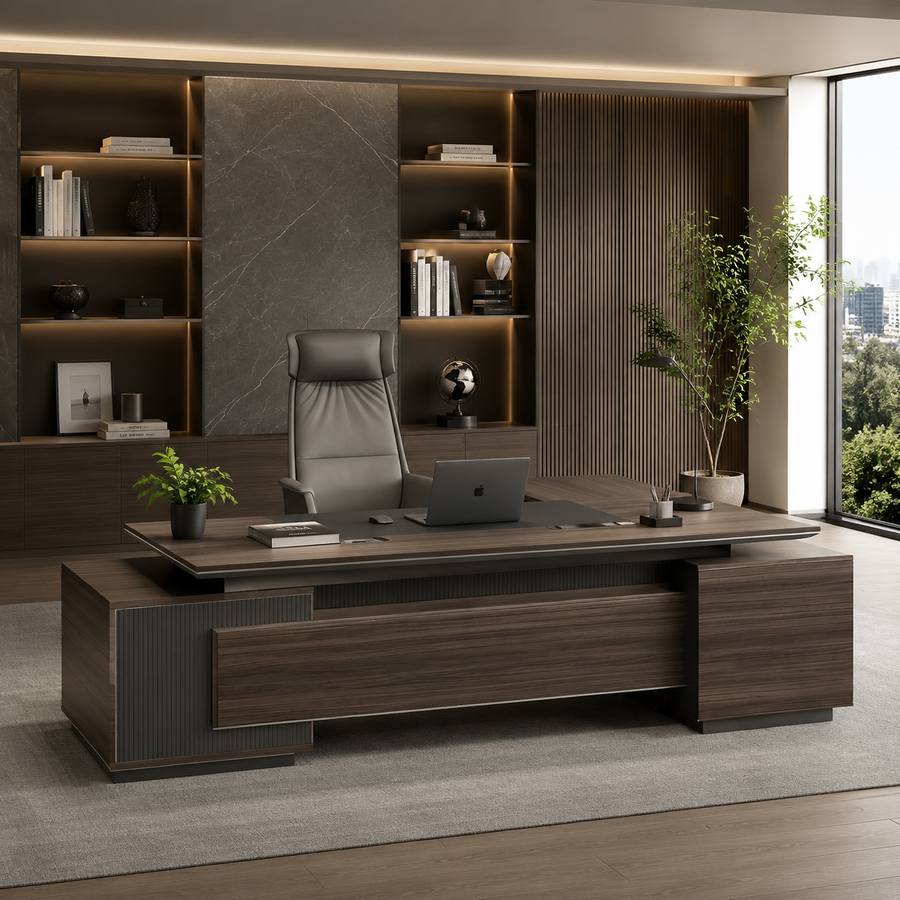 Zimasya Modern Executive Desk with Side Cabinet and Power Outlet