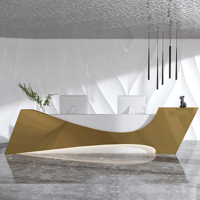 Stainless steel lobby reception desk front view with sculptural gold and white panels