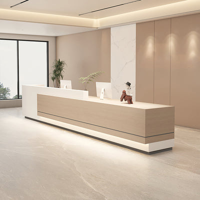 Office lobby reception desk angled front view with a timber-look panel