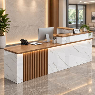 L-Shaped Reception Desk with LED & Corner Storage