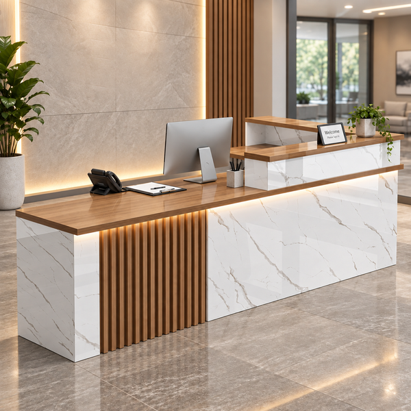 L-Shaped Reception Desk with LED & Corner Storage