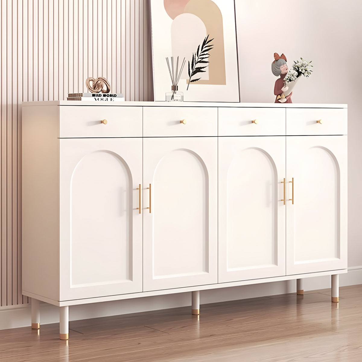 White four-door shoe storage cabinet with drawers in a hallway