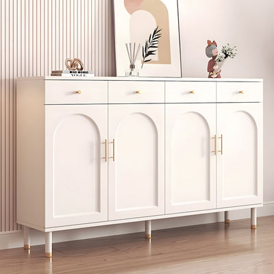 White four-door shoe storage cabinet with drawers in a hallway