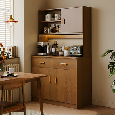 Tall walnut storage cabinet with display shelves in a dining area