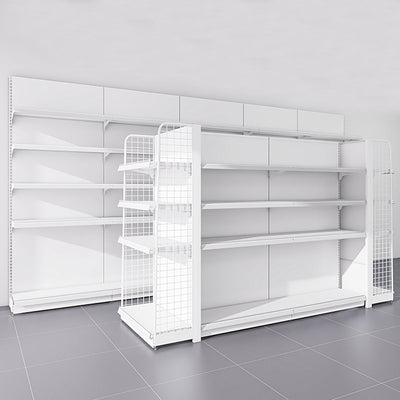 White supermarket shelving system with single and double-sided units