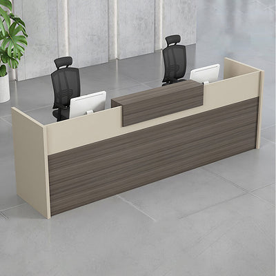 Office reception counter rear work-area view with grey and timber panels