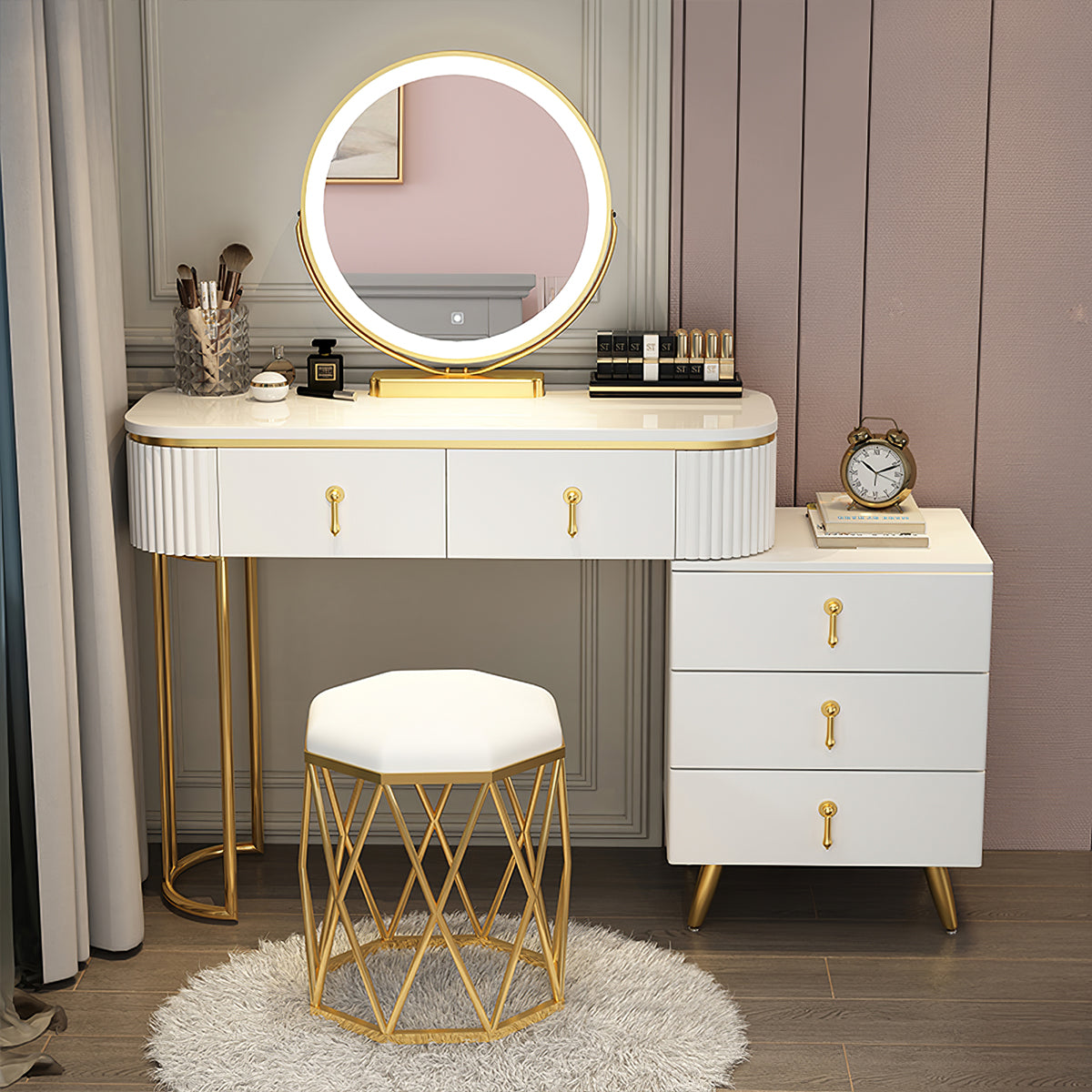 Modern Apartment Vanity Table with Adjustable Side Cabinet Design