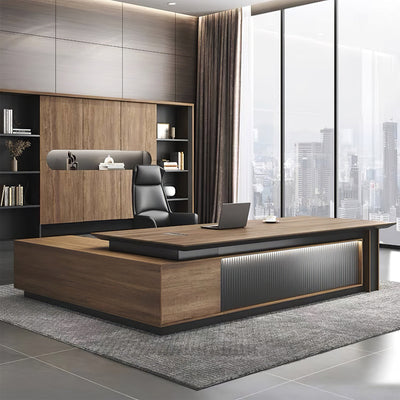 L-Shaped Executive Desk with Multimedia Cable Box & Drawers in executive office setting