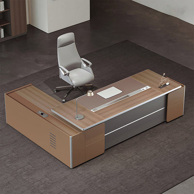 L-Shaped Executive Desk with Cable Box & File Cabinet in executive office setting