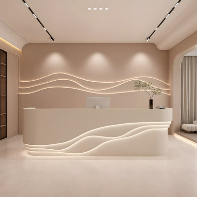 Wave-style reception counter front view with cream curved panels and wavy trim
