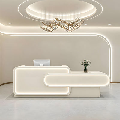 Double-counter reception desk front view with layered white geometric panels