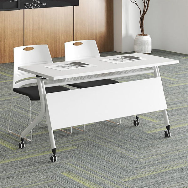 White folding meeting table with privacy panel and locking casters