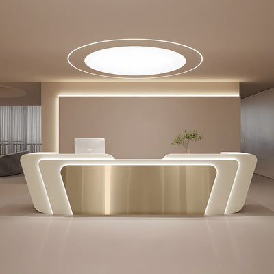 Stainless steel salon reception desk front view with a white curved counter and metallic trim
