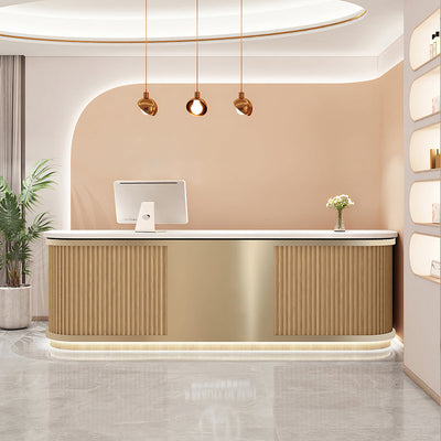 Curved small reception counter front view with a curved timber slat panel and metallic worktop