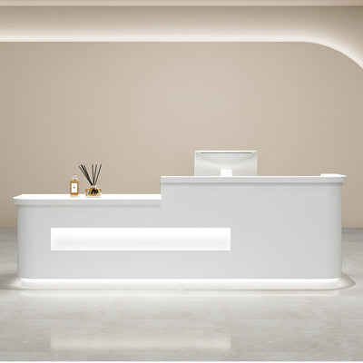 Salon reception desk front view with a white curved counter and illuminated panel