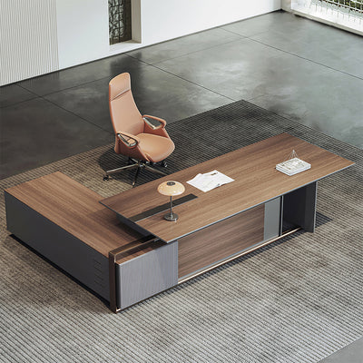 Vintage L-Shaped Executive Desk with Multimedia Cable Box & Power Outlet in executive office setting