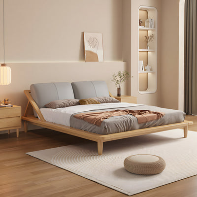 Minimalist Natural Wood Double Bed Frame with Upholstered Headboard for Bedroom