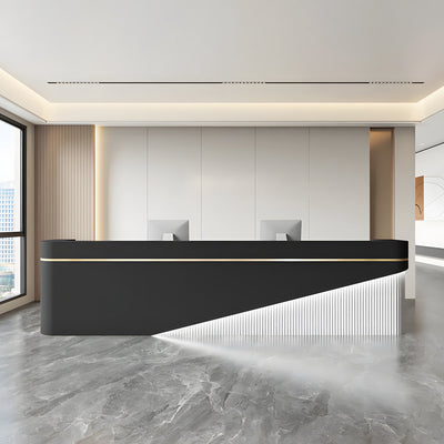 Hotel lobby reception desk front view with black angular panels and illuminated trim