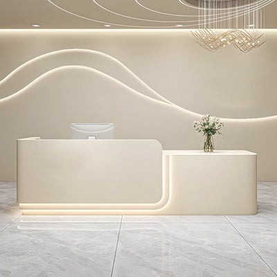 Beauty salon reception desk front view with a white asymmetrical counter and illuminated outline