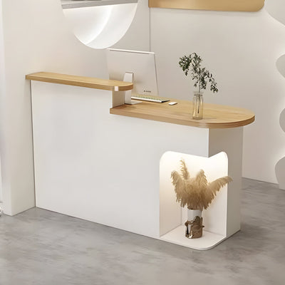 Curved reception counter angled front view with white and timber curved panels