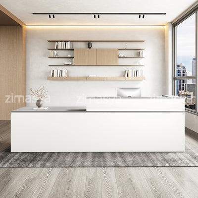 Office reception desk front view with a white straight counter