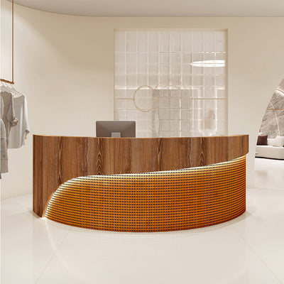 Curved reception desk front view with curved timber and orange textured panels