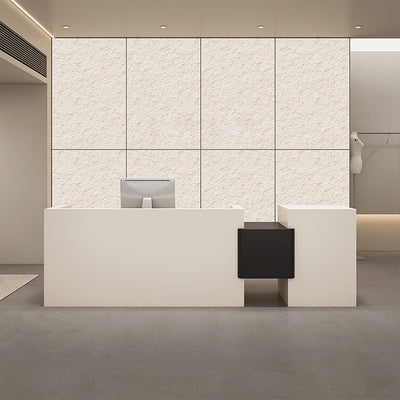 Office reception desk front view with white modular panels and a dark side cabinet