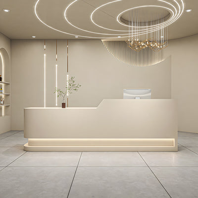 Salon reception desk front view with cream straight panels and a raised section
