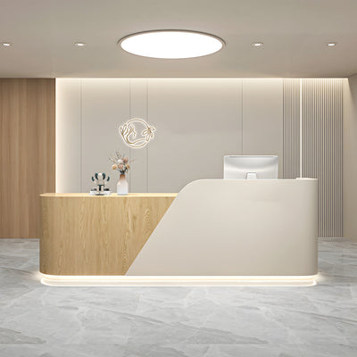 Office reception desk angled front view with cream and timber L-shaped panels