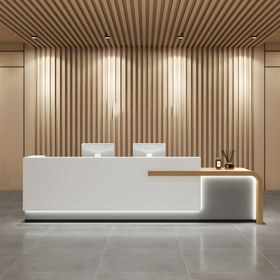 Office reception desk front view with grey and white panels, rounded end and lighting