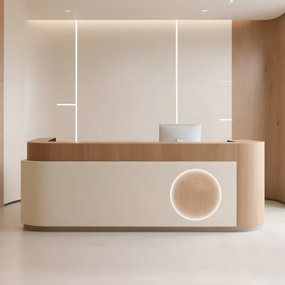 Curved salon reception desk front view with a curved timber-look panel and round inset
