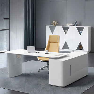 L-Shaped Executive Desk with Multimedia Cable Box & Side Storage in executive office setting, LBZ-2151 series
