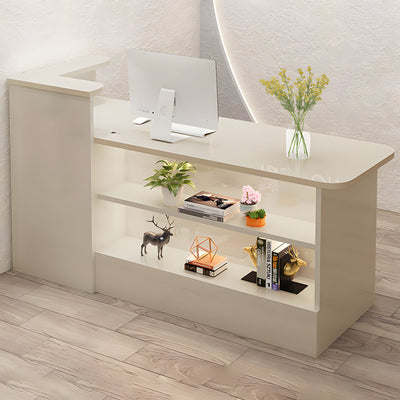 Cashier counter rear work-area view with open display shelves