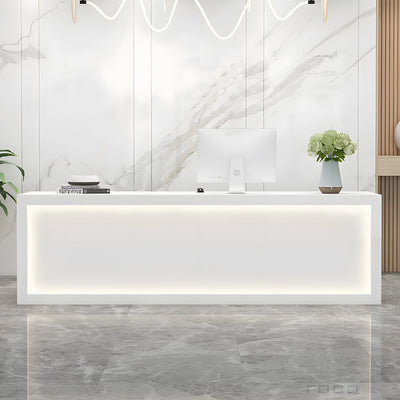 Reception counter front view with a white illuminated frame