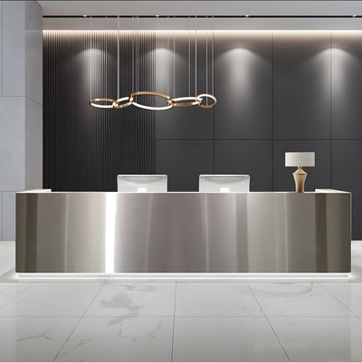 Stainless steel club reception desk front view with a stainless steel panel