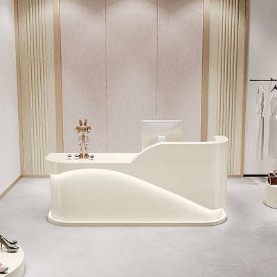 Curved l-shaped corner reception desk angled front view with cream curved L-shaped panels